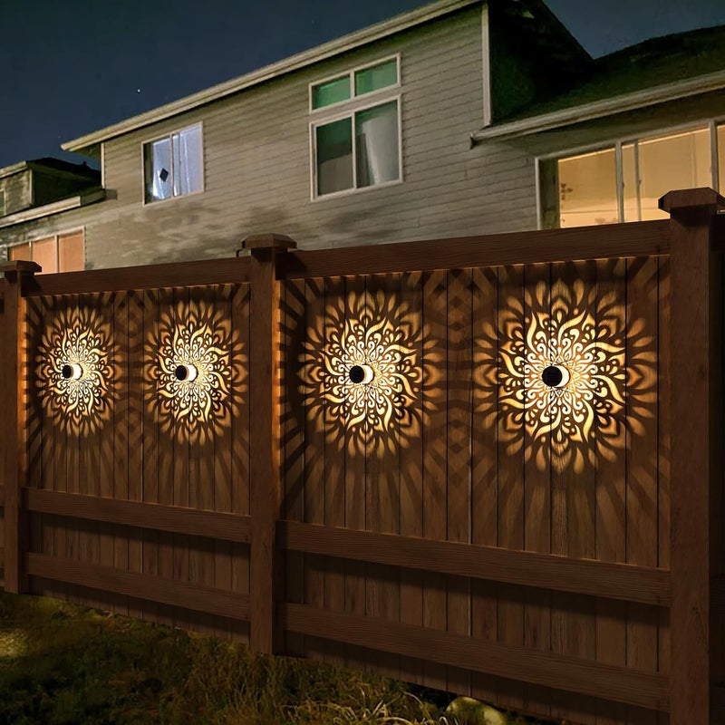 gardencave 2 حزمة أضواء سياج شمسية معدنية تعمل بالطاقة الشمسية في الهواء الطلق أضواء خطوات الجدار بموضوع ماندالا مقاومة للماء لأضواء سياج حديقة البوست patio backyard yard decor (2 حزمة) - Image 4